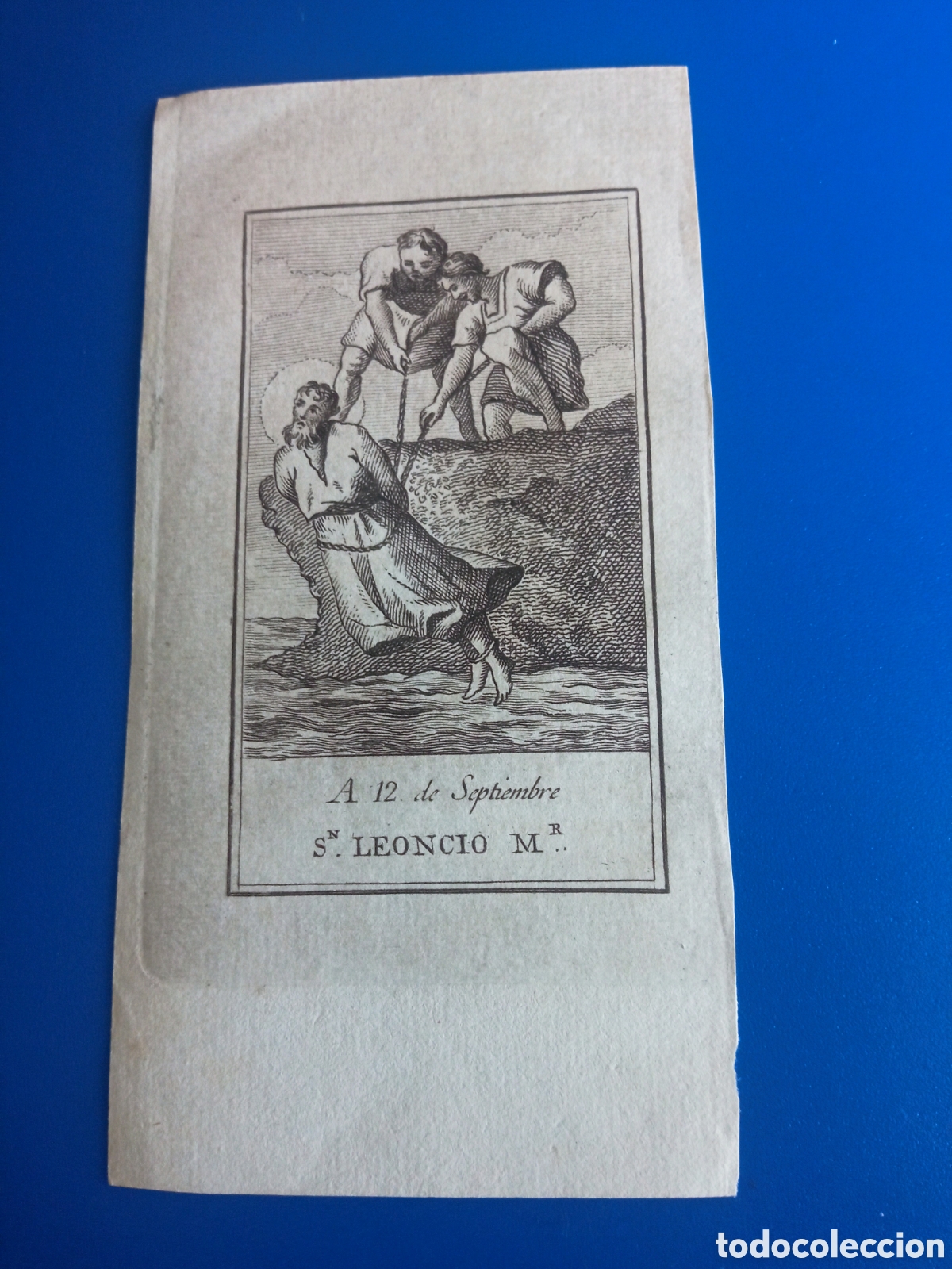 Arte: Antiguo grabado religioso, San Leoncio, mide 12,6x6,6 cm