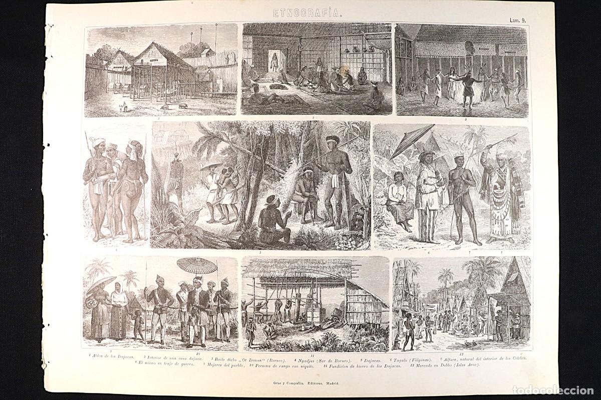 Arte: Grabado Etnograf&iacute;a 9. Borneo, Filipinas, Dajacas. Ethnography Print 9. Borneo, Philippines