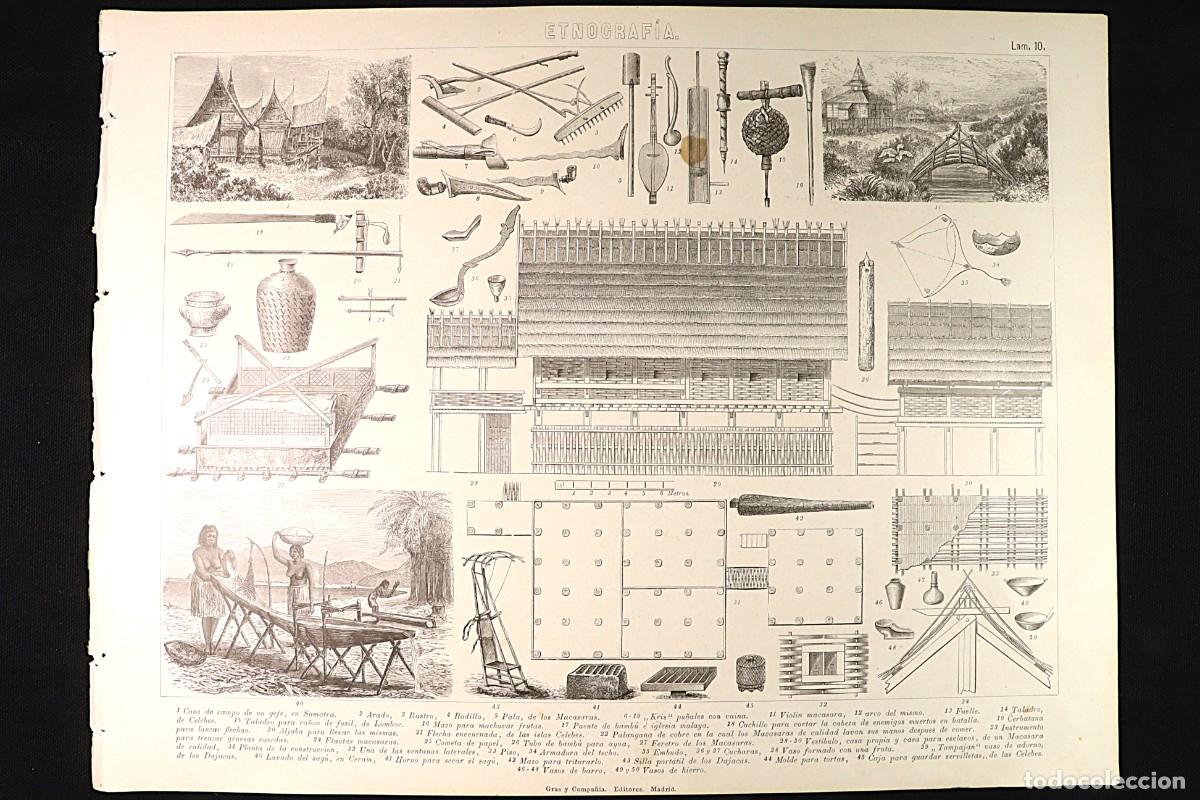 Arte: Grabado Etnograf&iacute;a 10. Sumatra, herramientas, utensilios. Ethnography Print 10. Tools, utensils.