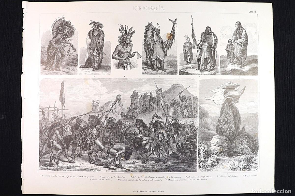 Arte: Grabado Etnograf&iacute;a 11. Guerreros Dacotas, Asiniboinos, Mandanos. Ethnography Engraving Warriors
