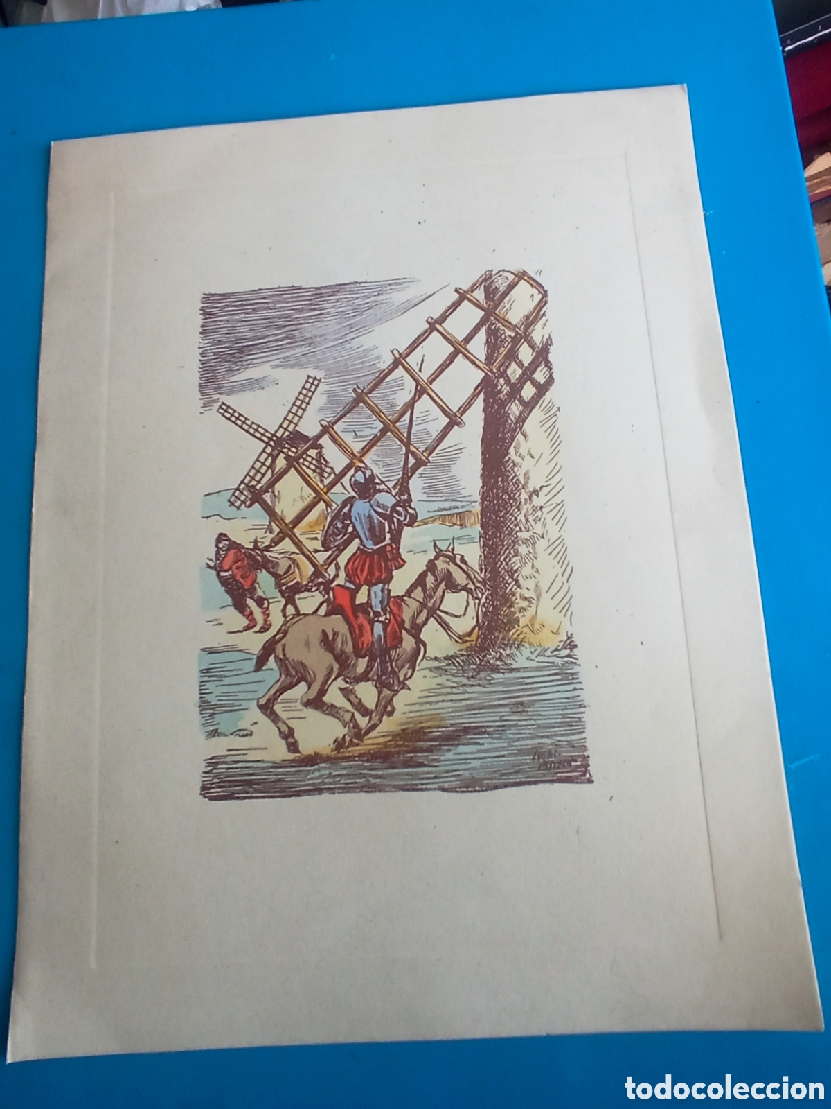 Arte: Grabado coloreado de Don Quijote de la Mancha, firmado, mide 21,3x16,2 y la pisada 18x13cm