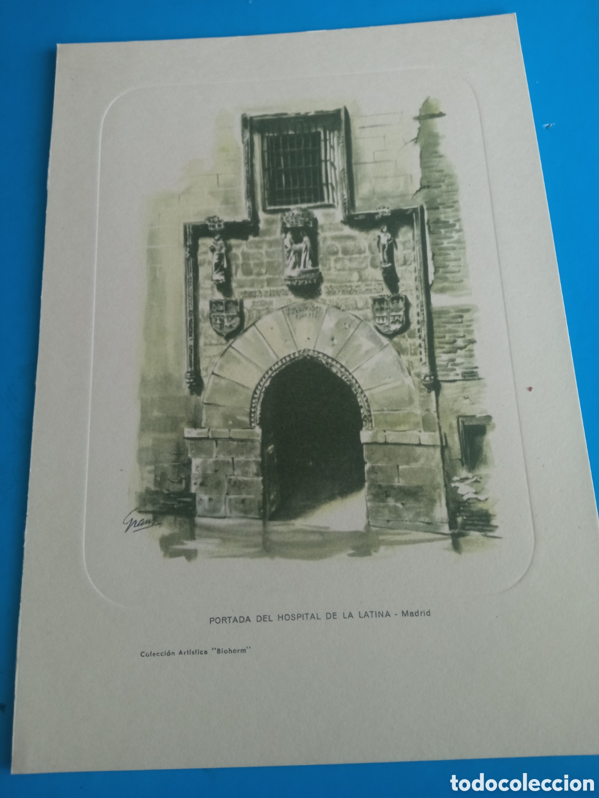 Arte: Grabado, Portada del Hospital de la Latina, Madrid, mide 21x14,5cm y la pisada 15,5x11,5cm