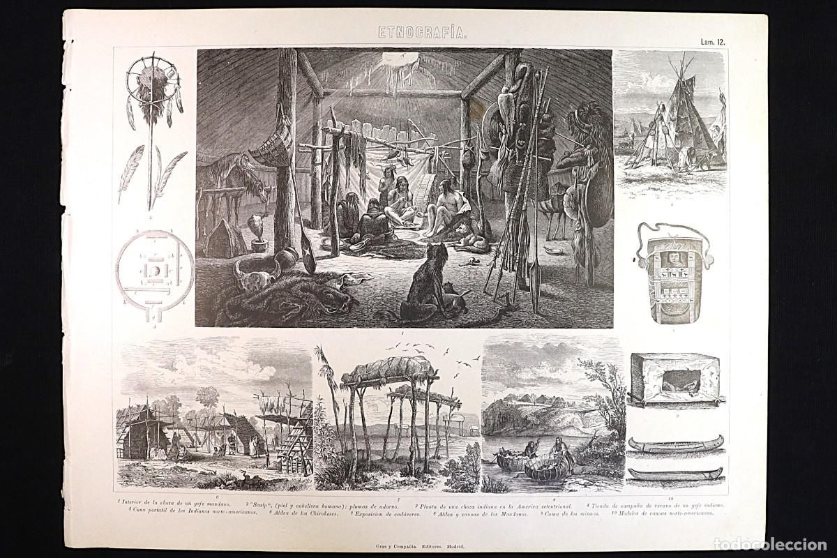 Arte: Grabado Etnograf&iacute;a 12. Indianos norte americanos. Mandanos. Chirokeses. Ethnography Indians american
