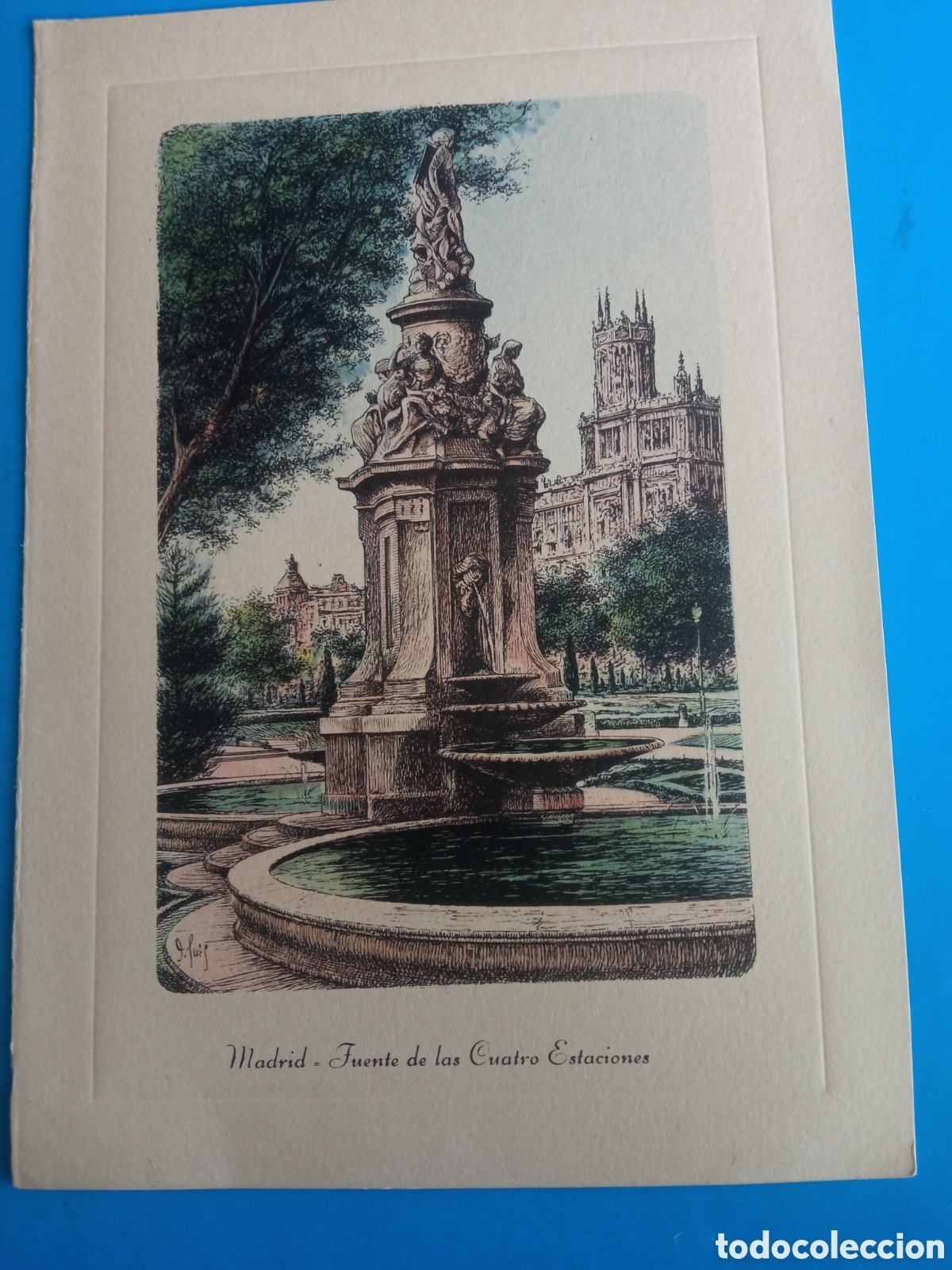 Arte: Bonito grabado, Madrid, Fuente de las Cuatro Estaci&oacute;nes, mide 16,8x11,8 cm