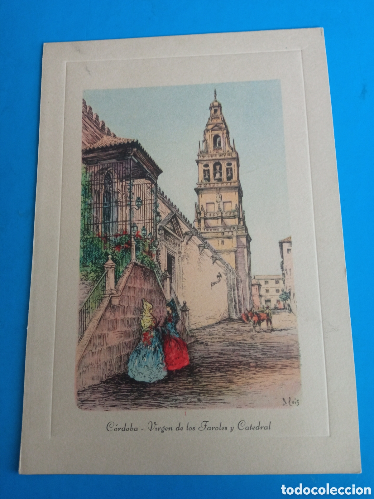 Arte: Bonito grabado, C&oacute;rdoba, Virgen de los Faroles y Catedral, mide 16,8x11,5cm