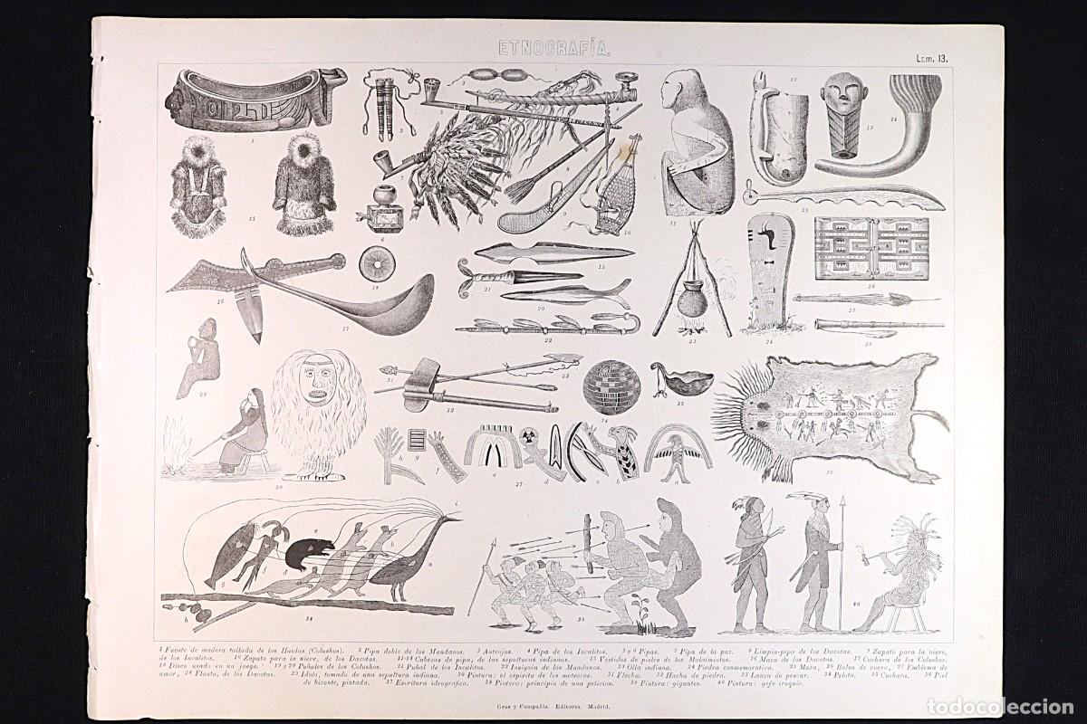 Arte: Grabado Etnograf&iacute;a 13 utensilios. Colushos, Incalitos, Malaimiutos. Engraving Ethnography utensils.