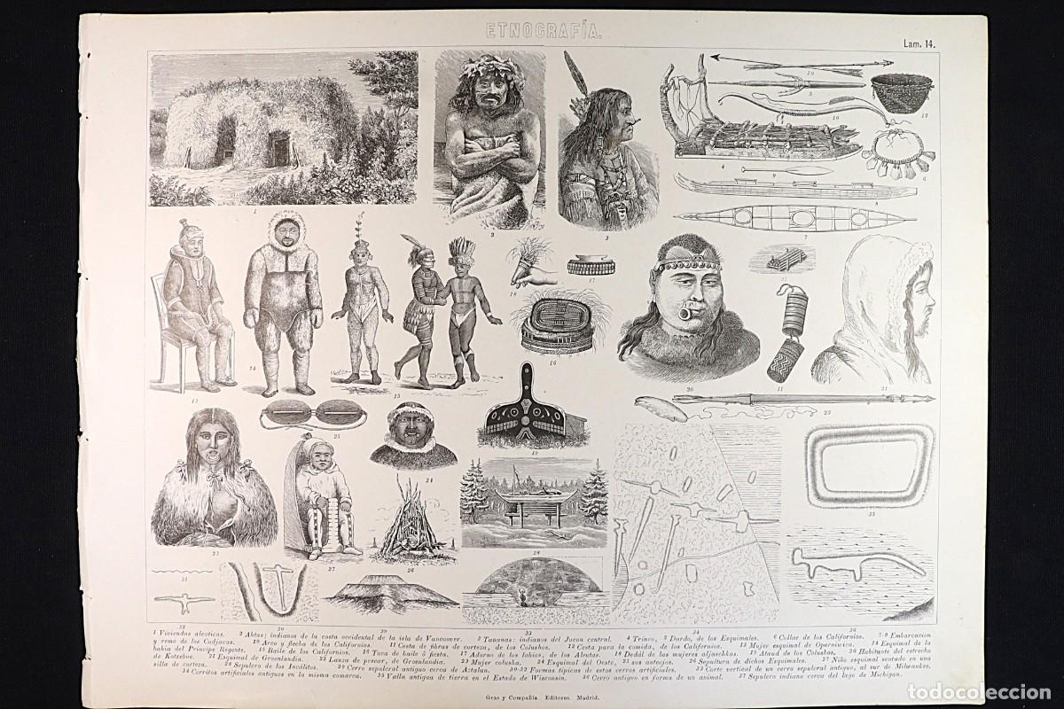 Arte: Grabado Etnograf&iacute;a 14. Esquimales Groenlandia. Aleutas. Colushos. Inc&aacute;litos. Greenland Eskimos