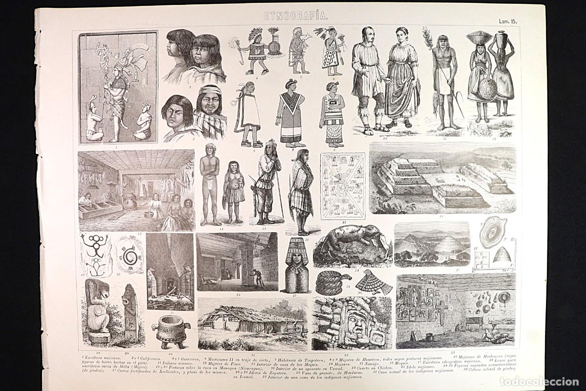 Arte: Grabado Etnograf&iacute;a 15. Aztecas, Moctezuma II, Navajo, Pimo. Ethnography Engraving 15. Aztecs.