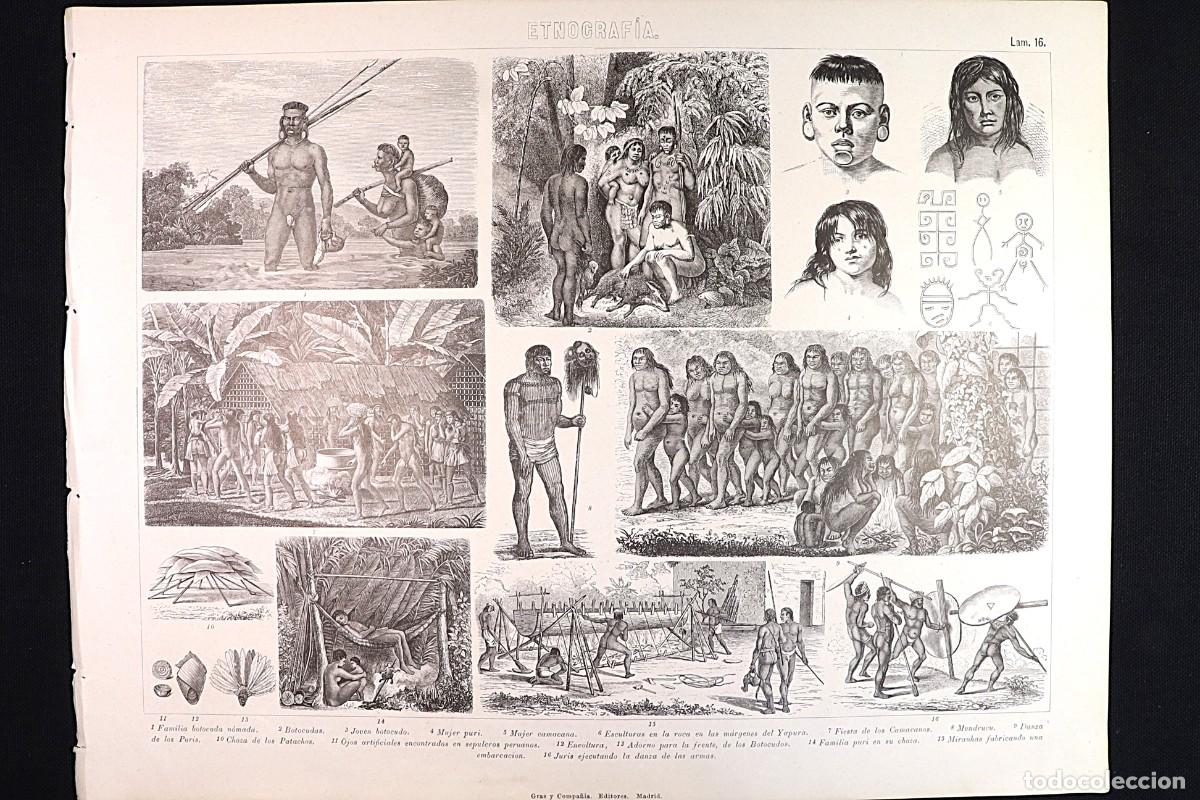 Arte: Grabado Etnograf&iacute;a 16. Tribus ind&iacute;genas. Botocudos, Camacanes, Puris, Yuri. Brasil.