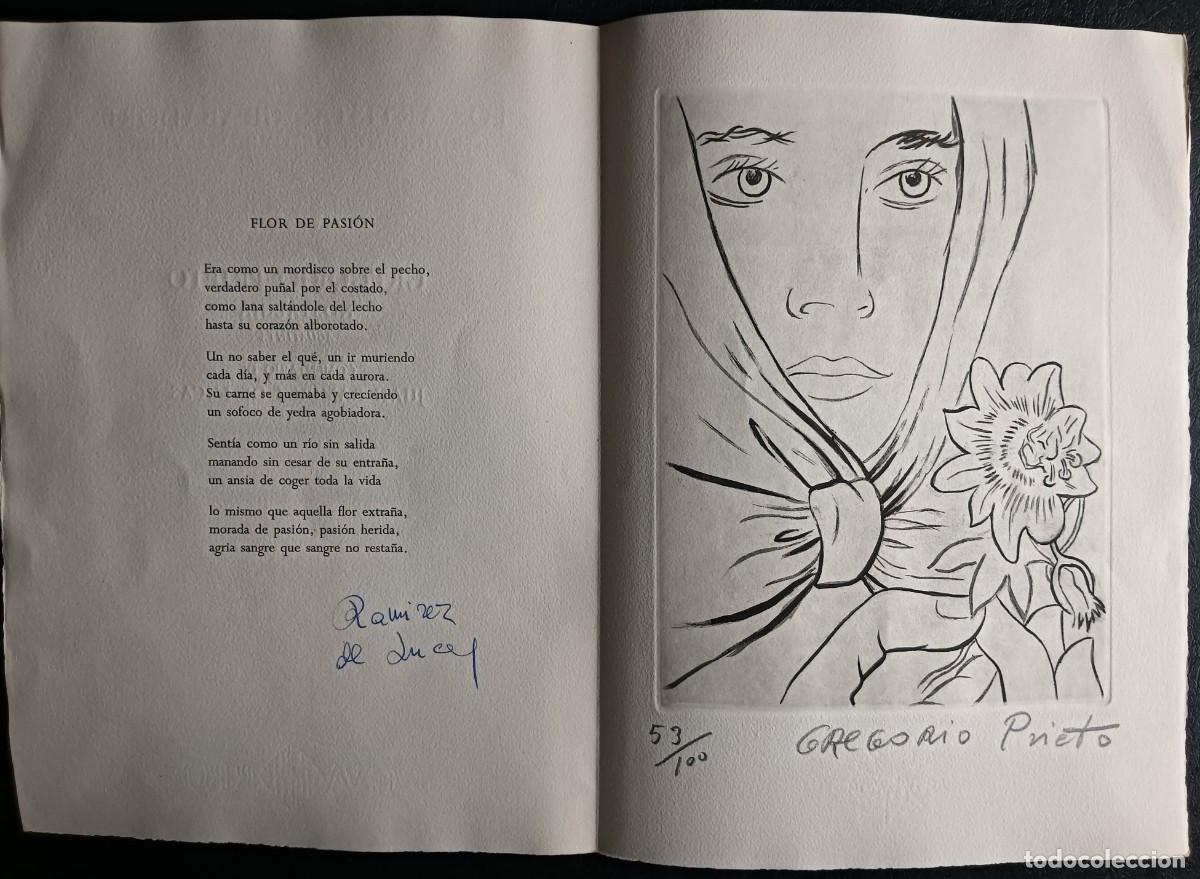 Arte: Gregorio PRIETO (Ciudad Real 97-92) grab 18x25 papel 48x34 poema Juan Ram&iacute;rez de Lucas 2 firmas.