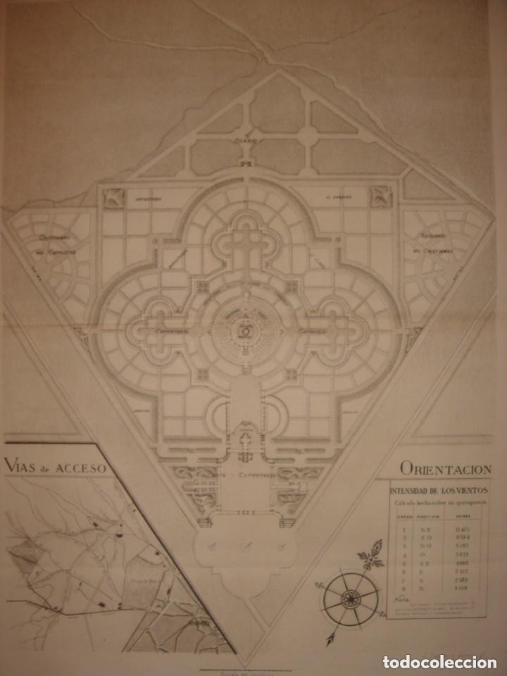 Arte: GRABADO ARQUITECTURA PLANO GENERAL NECR&Oacute;POLIS ESTE, CEMENTERIO LA ALMUDENA, MADRID, ORIGINAL 1879.