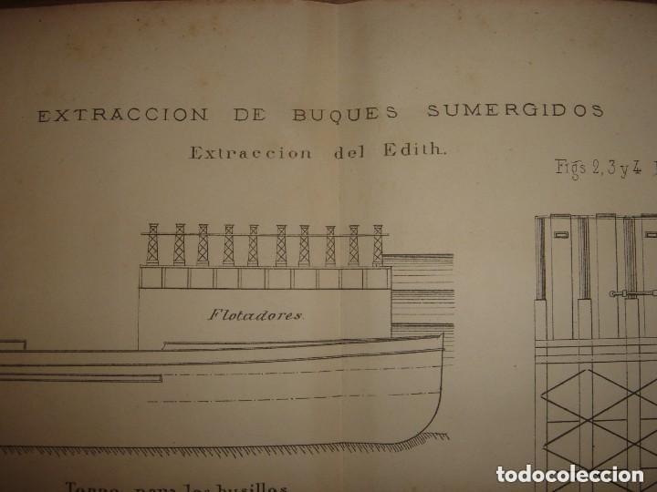 Arte: ESPL&Eacute;NDIDO GRABADO TECNOLOG&Iacute;A, SIGLO XIX, EXTRACCI&Oacute;N DE BUQUES SUMERGIDOS, MADRID, ORIGINAL 1879.