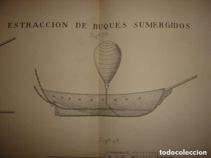Arte: ESPL&Eacute;NDIDO GRABADO TECNOLOG&Iacute;A, SIGLO XIX, EXTRACCI&Oacute;N DE BUQUES SUMERGIDOS, MADRID, ORIGINAL 1879