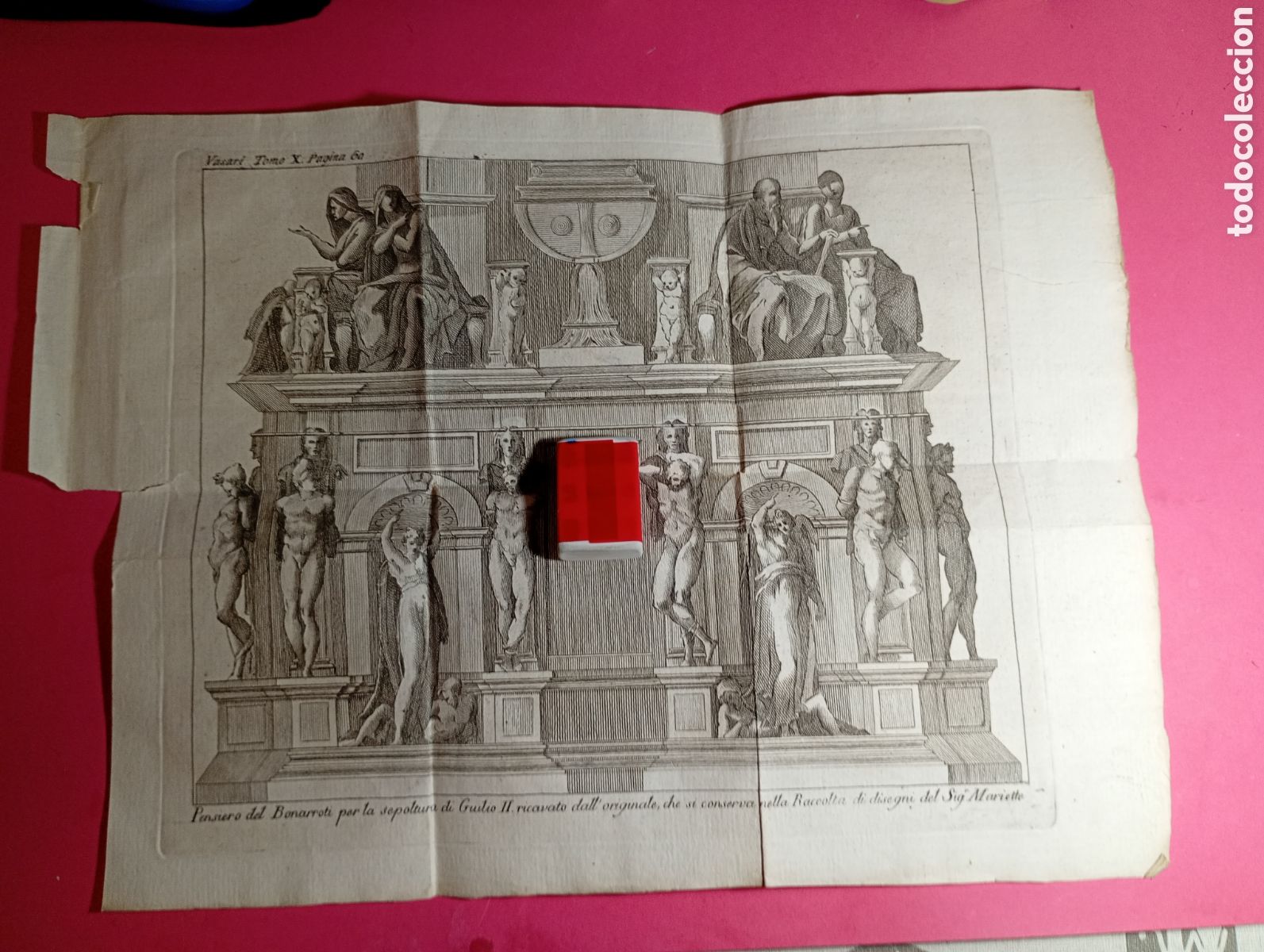 Arte: Grabado S.XVIII Miguel &Aacute;ngel: Proyecto Sepultura Papa Giulio II (Colecci&oacute;n Mariette) Vasari italiano