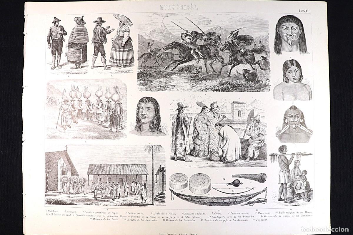 Arte: Grabado Etnograf&iacute;a 19. Quichuas, Puelches, Moxos, Payaguas. Ethnographic Engraving. Amazonia.
