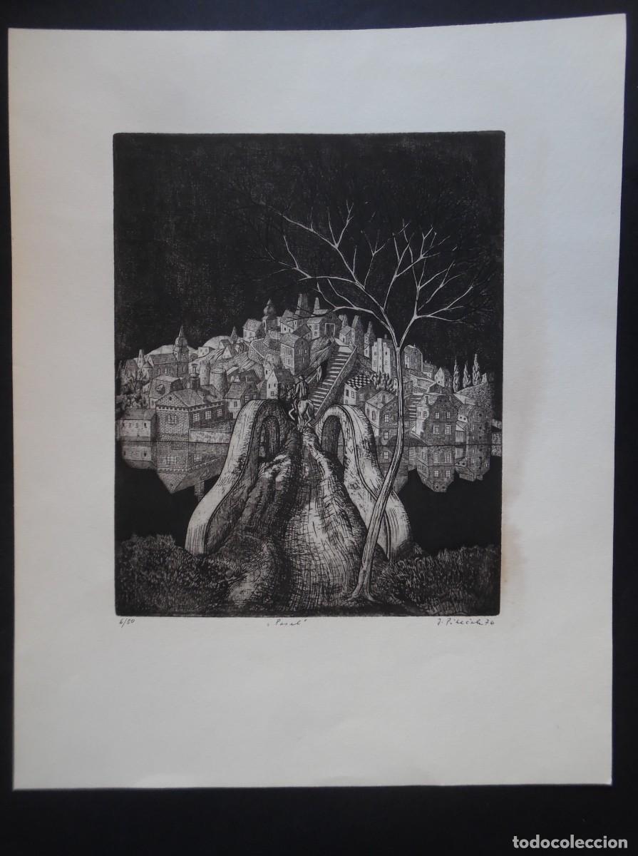 Arte: Jindrich Pilecek, aguafuerte que recrea el Puente de Pisek, Checoslovaquia. Firmado y numerado 6/50