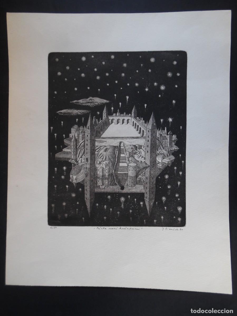 Arte: Jindrich Pilecek, aguafuerte titulado Ciudad entre las estrellas. Firmado y numerado 6/50, 1976.