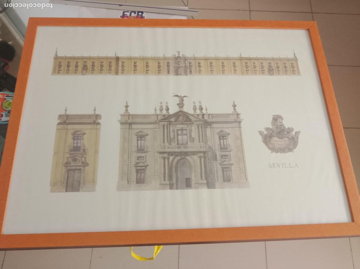 Arte: grabado enmarcado muestra planos arquitect&oacute;nicos e ilustraciones de la Real F&aacute;brica Tabacos Sevilla