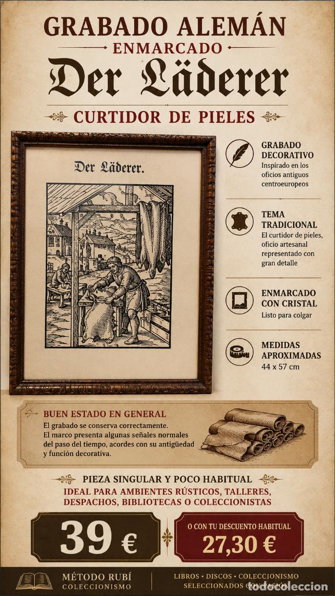 Arte: GRABADO ALEM&Aacute;N ENMARCADO | DER L&Auml;DERER | CURTIDOR DE PIELES | 44X57 CM