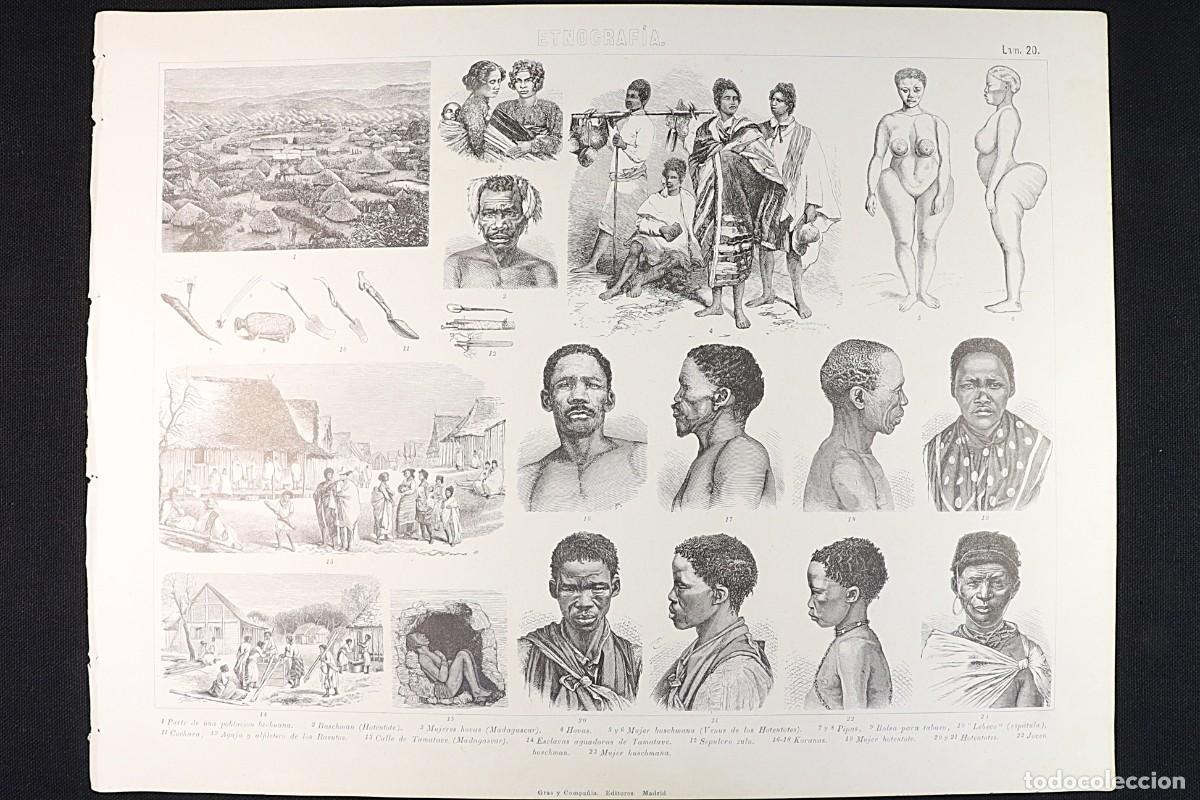 Arte: Grabado Etnograf&iacute;a 20. Tribus africanas, Zul&uacute;s, Buchman, Hovas, Korowai. Ethnography Engraving