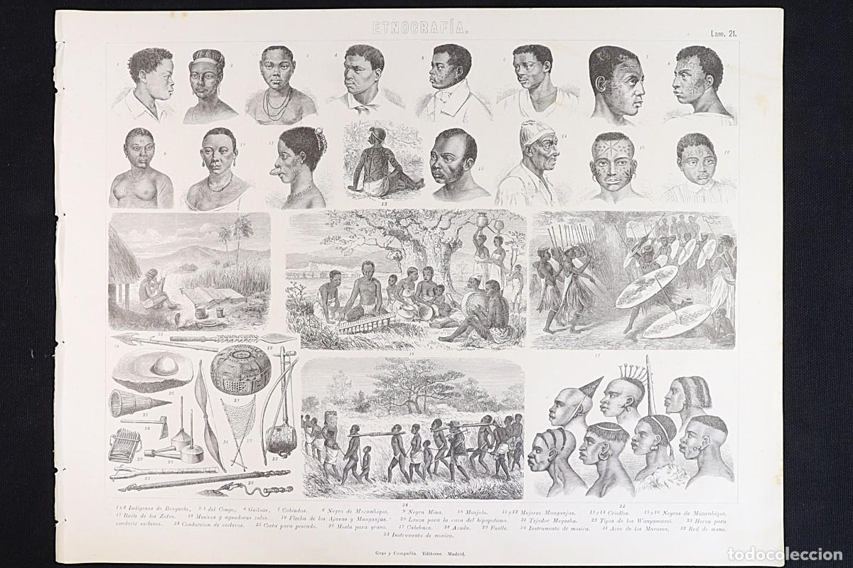 Arte: Grabado Etnograf&iacute;a 21. Criollos, Zul&uacute;s, Mozambique, etc Ethnography Print 21. Creoles. &Aacute;frica.