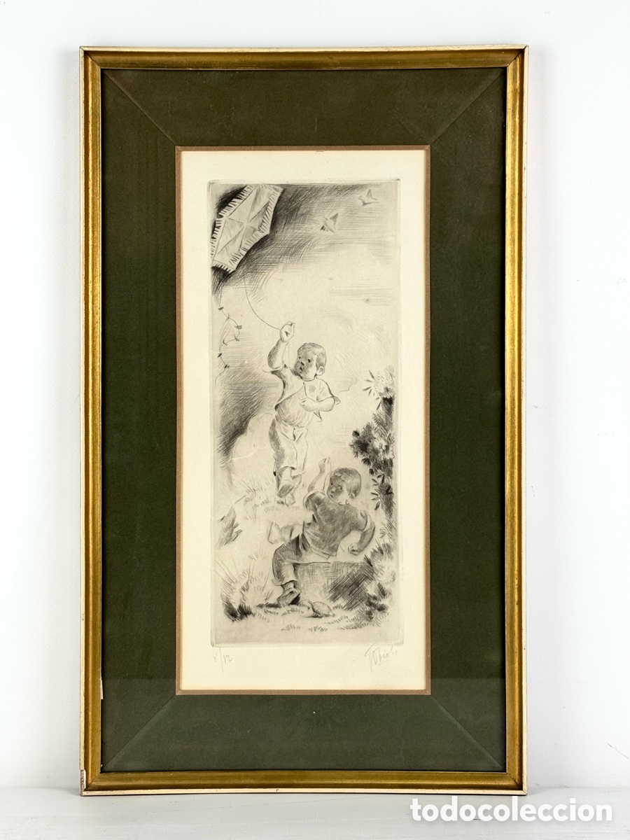 Arte: JOSEP OBIOLS I PALAU (1894-1967) - &ldquo;NI&Ntilde;OS CON COMETA&rdquo; - AGUAFUERTE