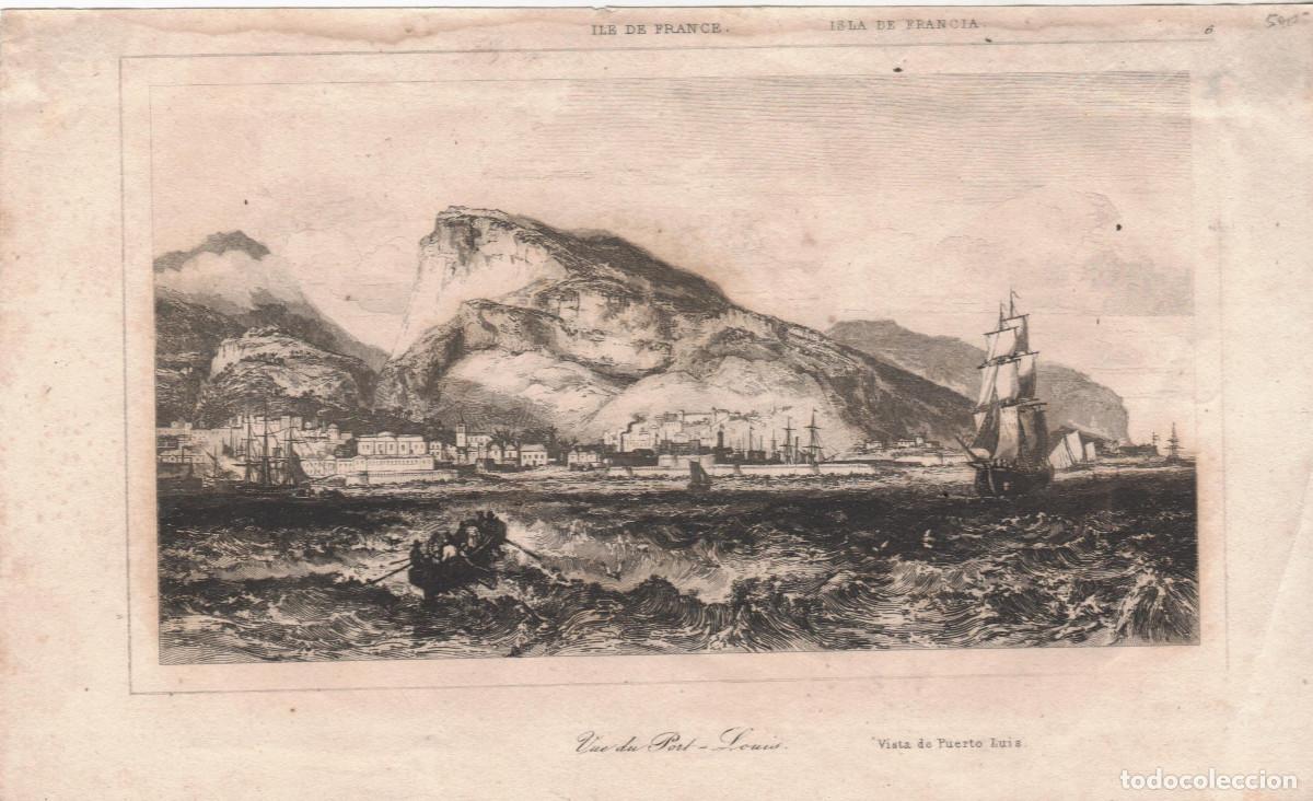 Arte: Grabado hacia 1800 Isla de Francia/Isla Mauricio.Vista de Puerto Luis 12 x 20 cm