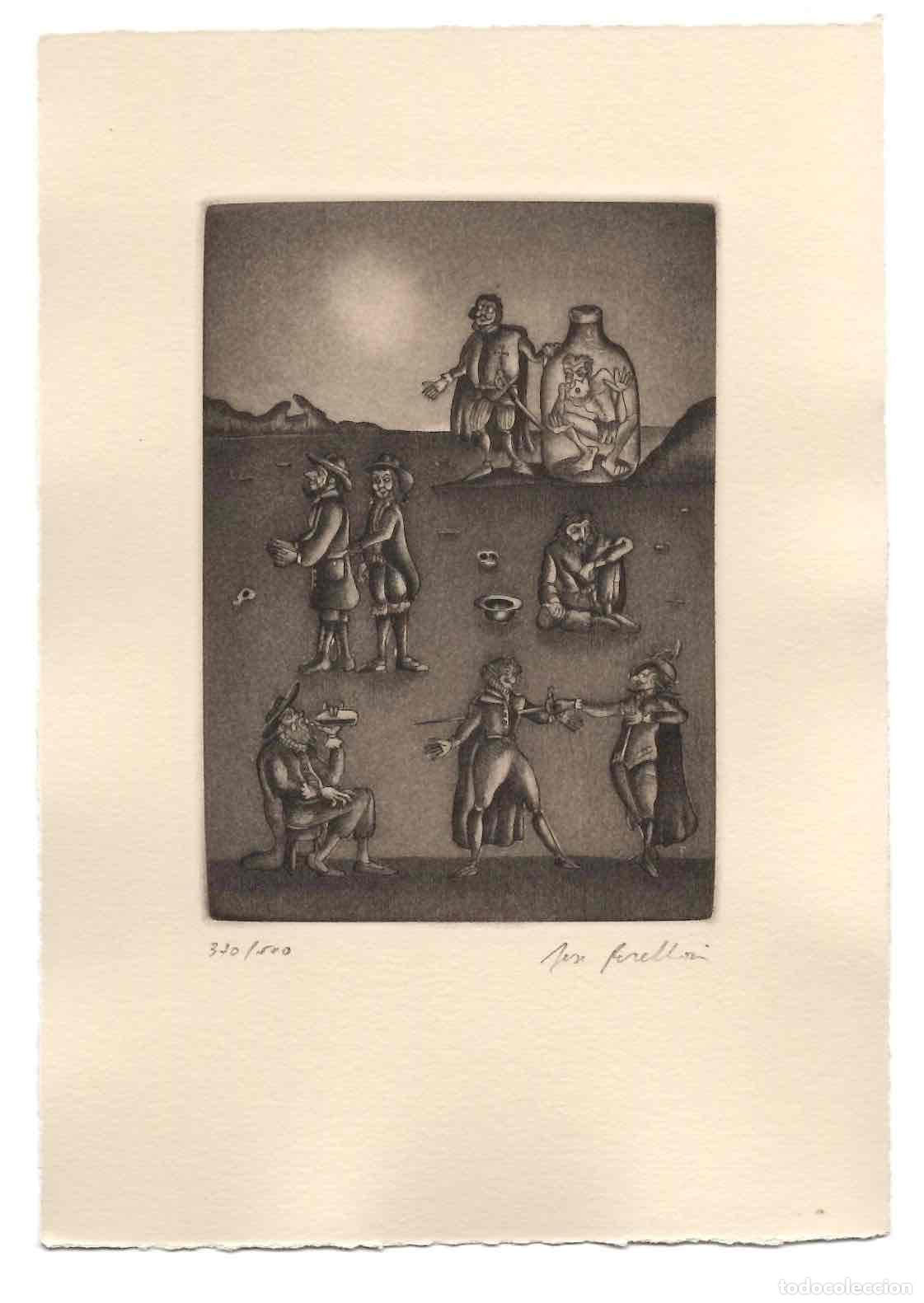 Arte: GRABADO QUEVEDO LA VISITA DE LOS CHISTES. TIRADA LIMITADA NUMERADA FIRMADO A LAPICERO JORGE PERELLON