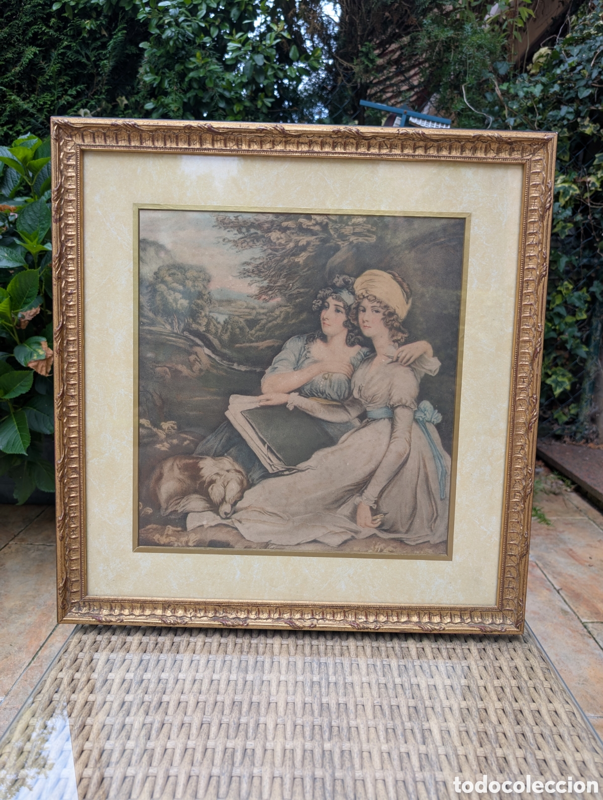 Arte: L&aacute;mina antigua estilo rom&aacute;ntico siglo XVIII mujeres enmarcada marco dorado