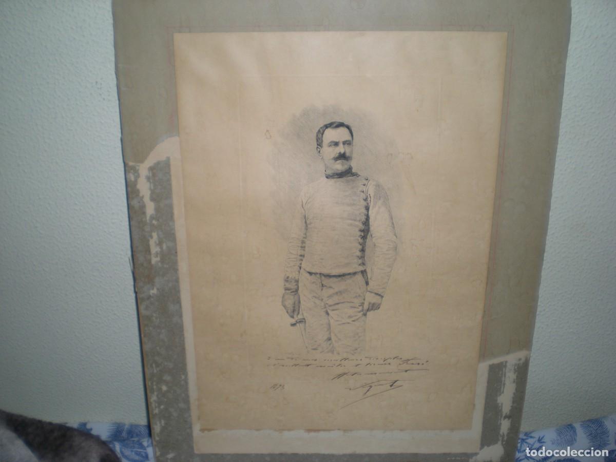 Arte: Grabado tirador de esgrima firma y dedicatoria fechado a&ntilde;o 1893cpegado a cart&oacute;n 53X42 hueco 32X19