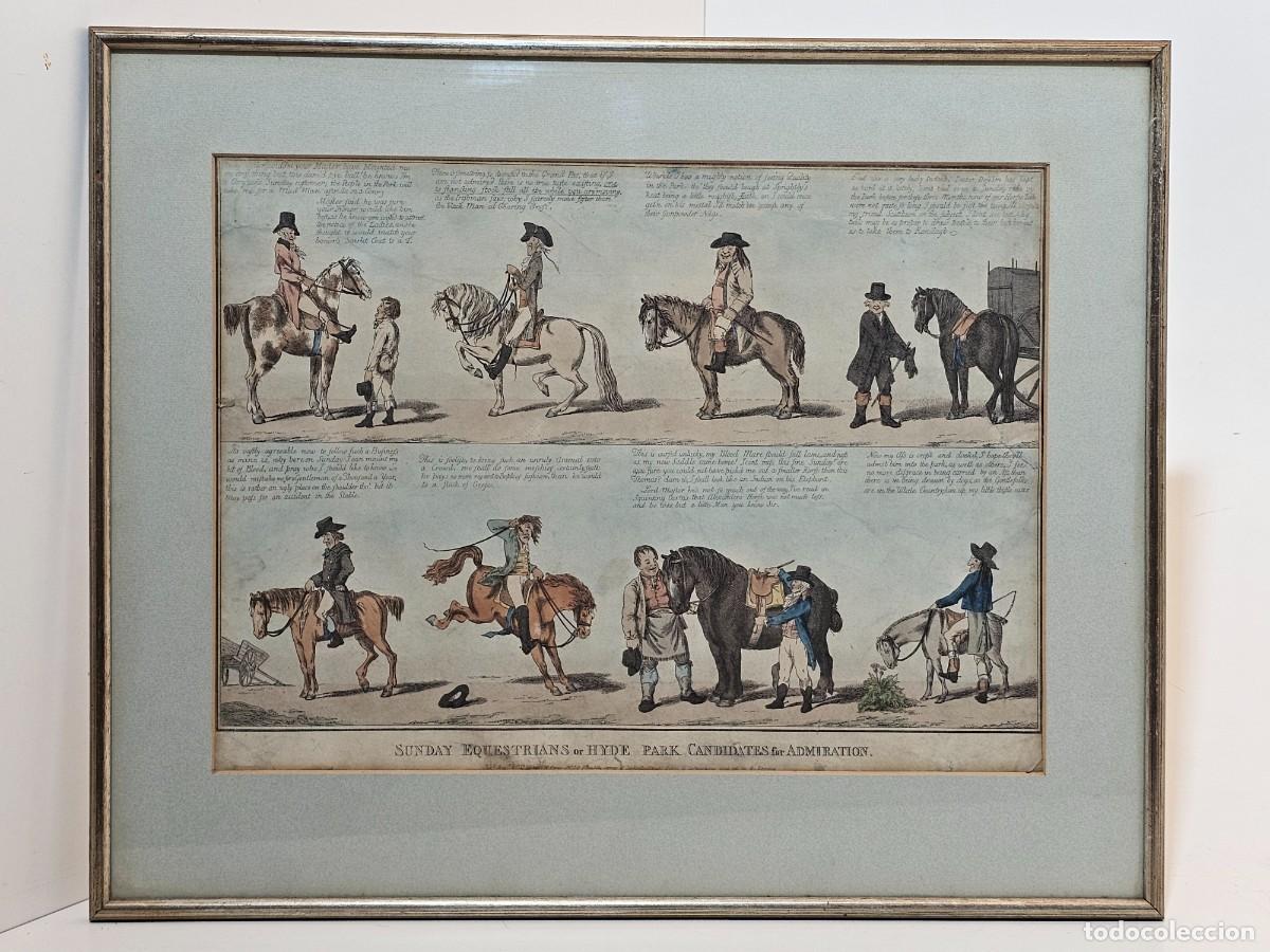 Arte: GRABADO INGLES DE CABALLOS HYDE PARK 1797, (45X33)