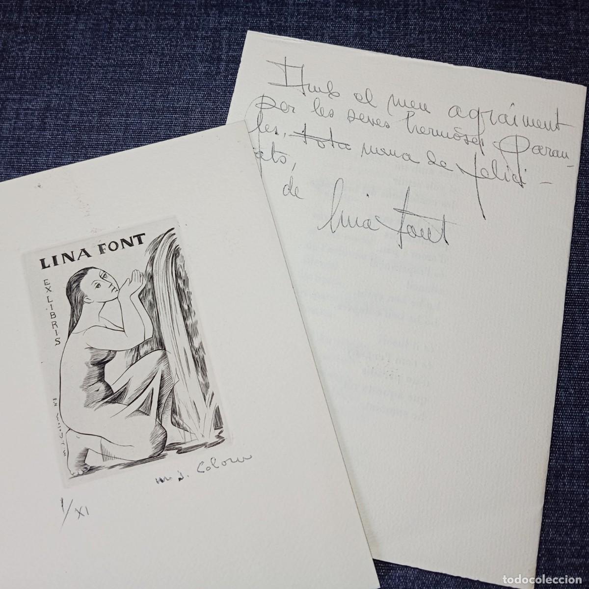 Arte: ⚜️ K02. Lina Font M.J. Colom Exlibris 1/XI Grabado Calcogr&aacute;fico Original y Poema Dedicado 1971