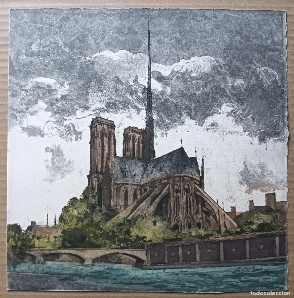 Arte: Luis GARCIA-OCHOA (SSebasti&aacute;n 1920-2019) Par&iacute;s Catedral grabado a&ntilde;os 2000 de 30x30cms firma mano /90