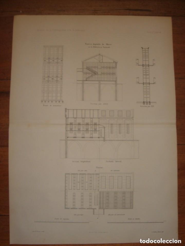 Arte: GRABADO ARQUITECTURA NUEVO DEP&Oacute;SITO LIBROS EN BIBLIOTECA NACIONAL, ORIGINAL MADRID,1876