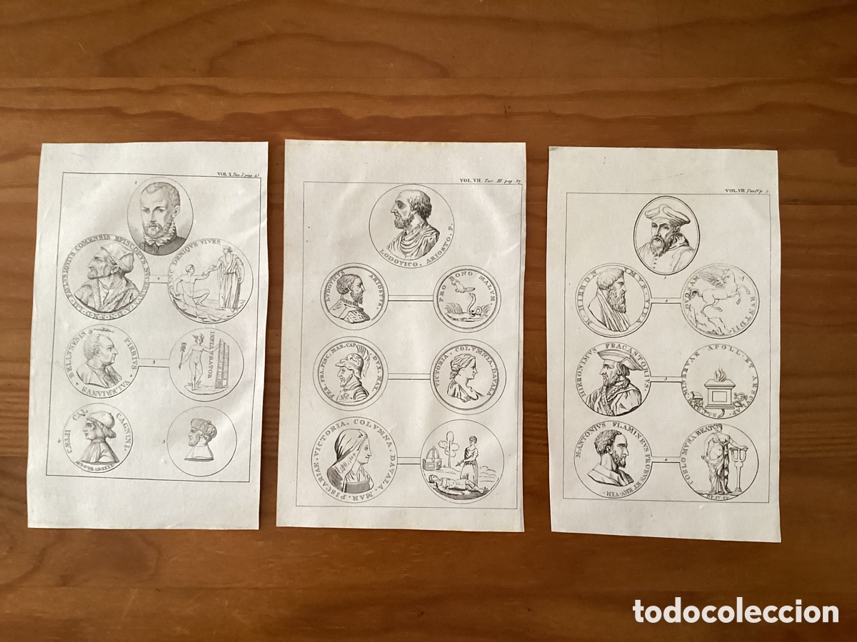 Arte: Tres hojas grabadas con medallas y retratos de la obra :&rdquo;Vita e pontificado de Leone X&rdquo;