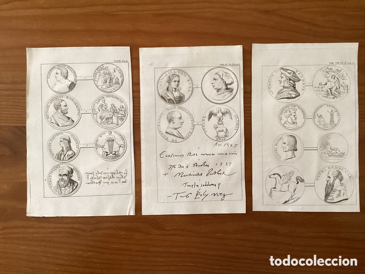 Arte: Tres hojas grabadas con medallas y retratos de la obra :&rdquo;Vita e pontificado de Leone X&rdquo;.