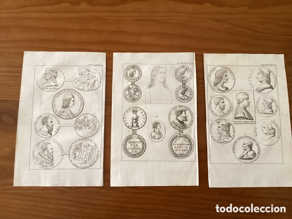 Arte: Tres hojas grabadas con medallas , retratos y un busto de la obra :&rdquo;Vita e pontificado de Leone X&rdquo;.