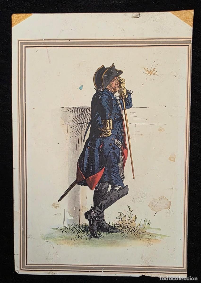 Arte: L&aacute;mina antigua coloreada de personaje militar del siglo XVIII &ndash; Oficial europeo con uniforme