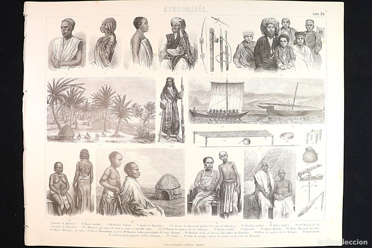 Arte: Grabado Etnograf&iacute;a 24. Tribus africanas. Suaheli. Kamba. Mbongou. Ethnography Print. African Tribes