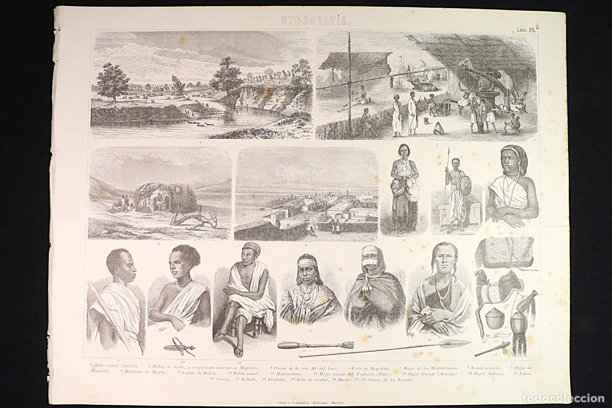 Arte: Grabado Etnograf&iacute;a 25. Somali, Gurage, Amhara, Mogedchu. Ethnography Print 25. Somali, Gurage.