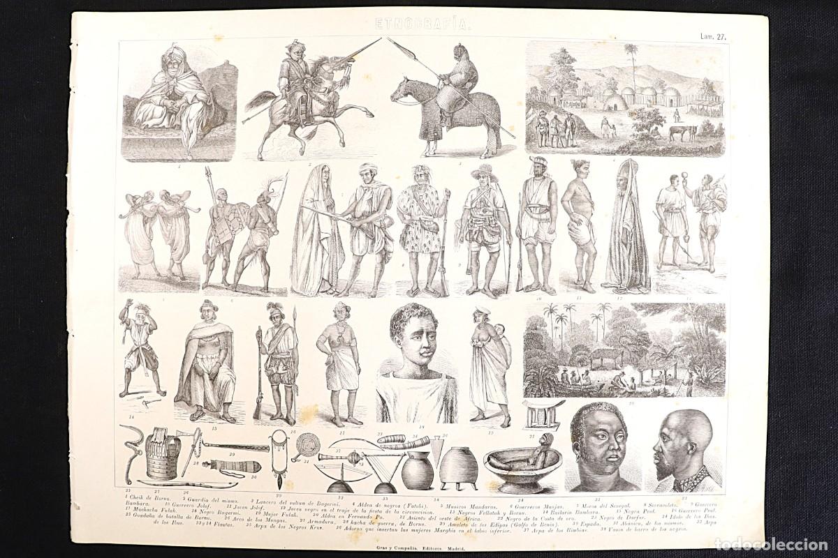 Arte: Grabado Etnograf&iacute;a 27. Guerreros africanos. Cheik de Bornu, Munjas, Jolof. African warriors.
