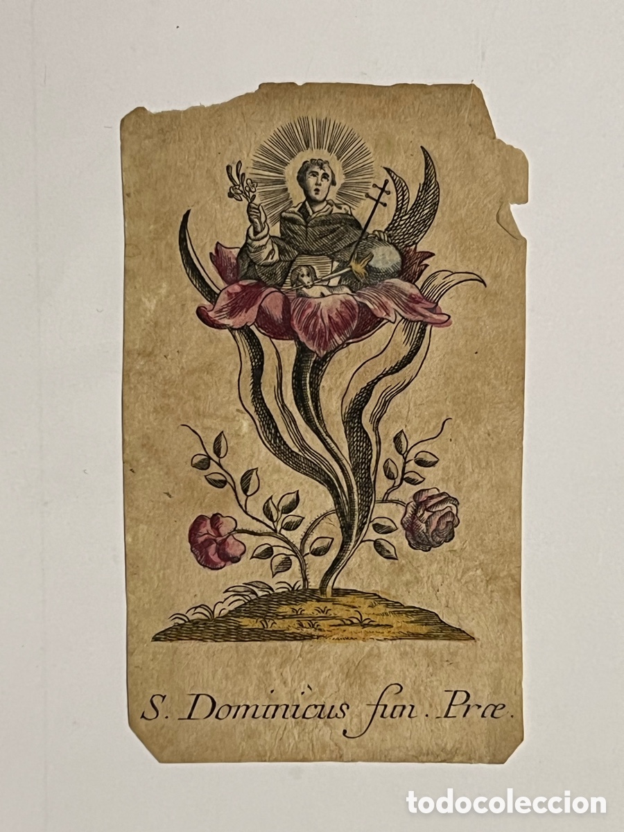 Arte: SANTO DOMINGO DE GUZMAN Surgiendo de una Flor Divina s&iacute;mbolo de Pureza Grabado coloreado (S., XVIII)
