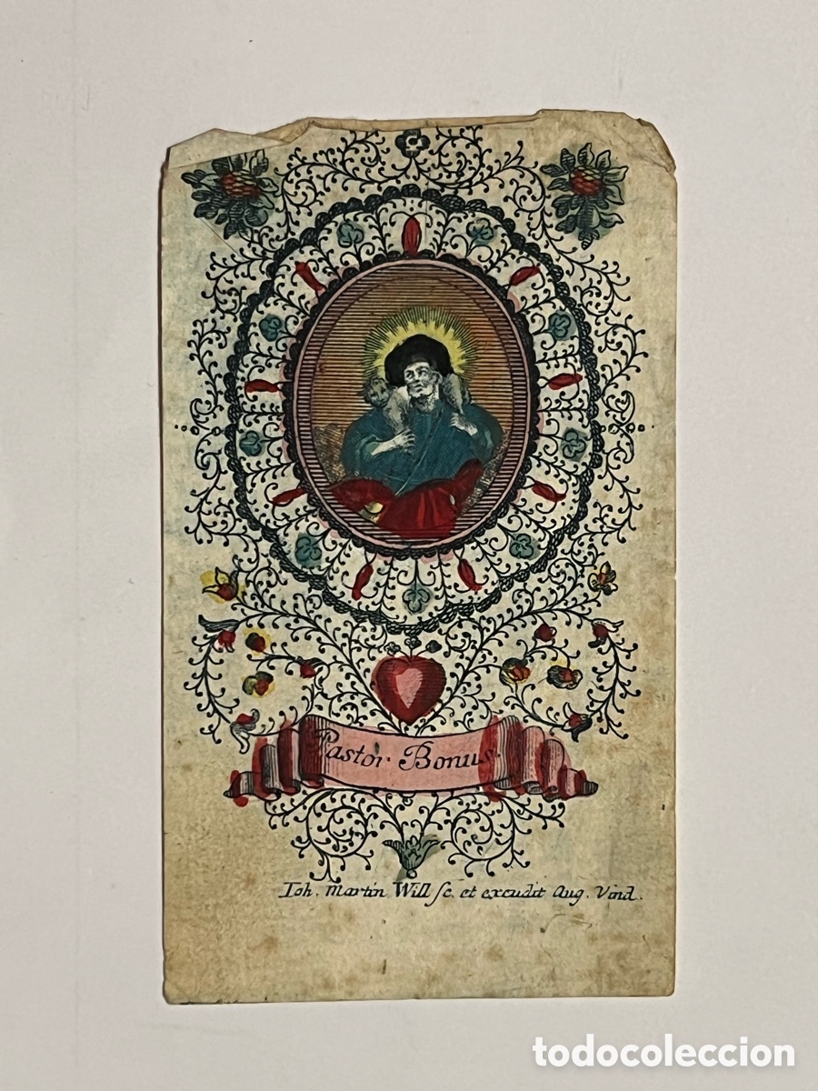 Arte: PASTOR BONUS.., Buen Pastor. Grabado Alem&aacute;n Coloreado. Johann Martin Will, Augsburgo (Siglo XVIII)