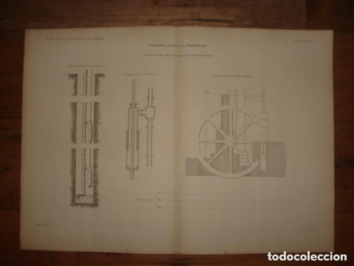 Arte: GRABADO TECNOLOG&Iacute;A S.XIX, SISTEMA DESAGUE MINA CARB&Oacute;N DE HULLA ORIGINAL MADRID,1876