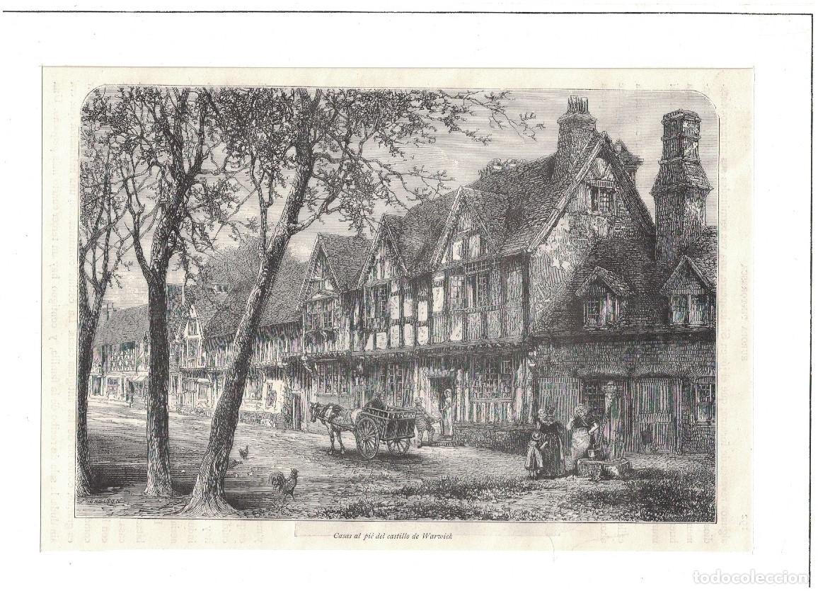 Arte: &ldquo;CASAS AL PI&Eacute; DEL CASTILLO DE WARWICK&rdquo; . Inglaterra. - Grabado. - Foto 1