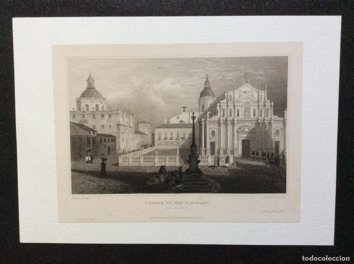Arte: Square of the Elephant, at Catania, 1822. Gravura em a&ccedil;o original de Edward Goodall. Envio gr&aacute;tis