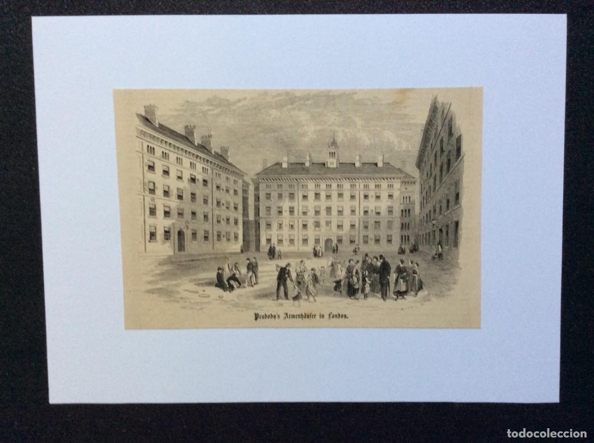 Arte: Casas de caridade Peabody em Londres. Xilogravura alem&atilde; de 1866. Envio gr&aacute;tis