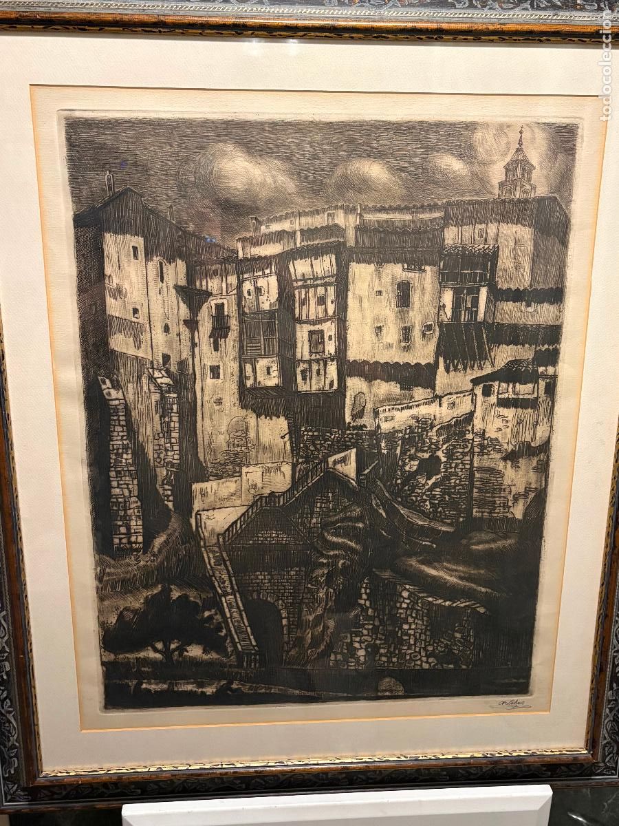 Arte: Vista de pueblo por Manuel Lahoz Valle (Oliete 1919-Zaragoza 2000)
