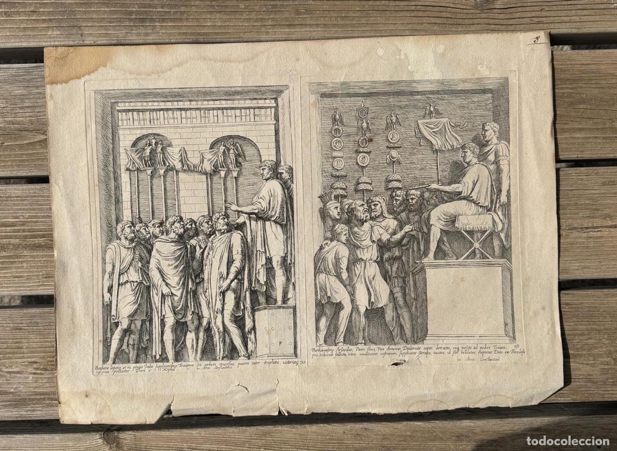 Arte: Grabados antiguos s XVII XVIII delegaci&oacute;n barbara suplica y rey armenios ante trajano detalle 50,5cm