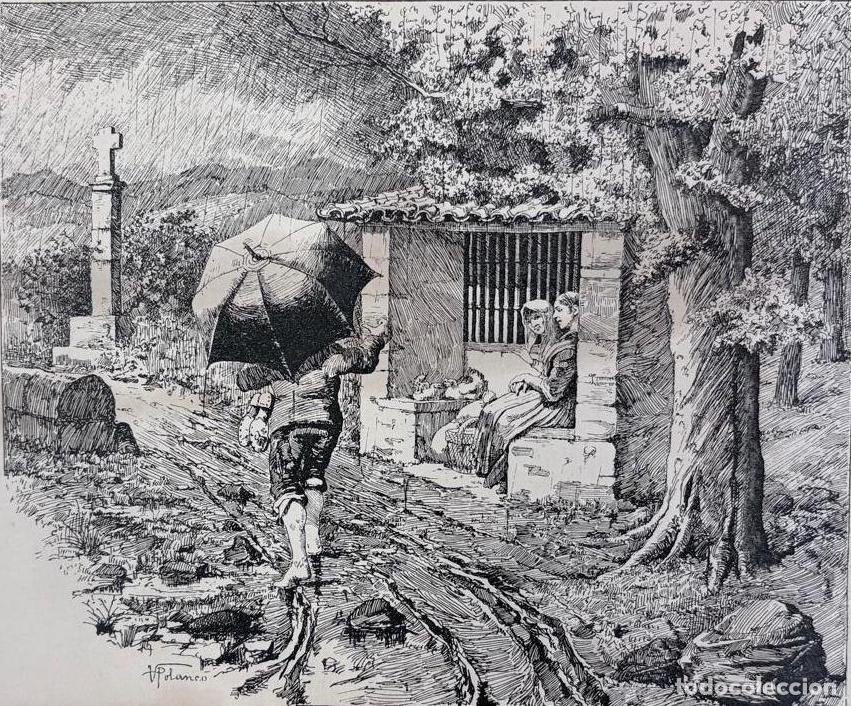 Arte: GRABADO &rdquo;EL S&Uacute;BITO&rdquo;. ESCENA COSTUMBRISTA DE CANTABRIA, ADOLFO POLANCO, CA. 1890-1900